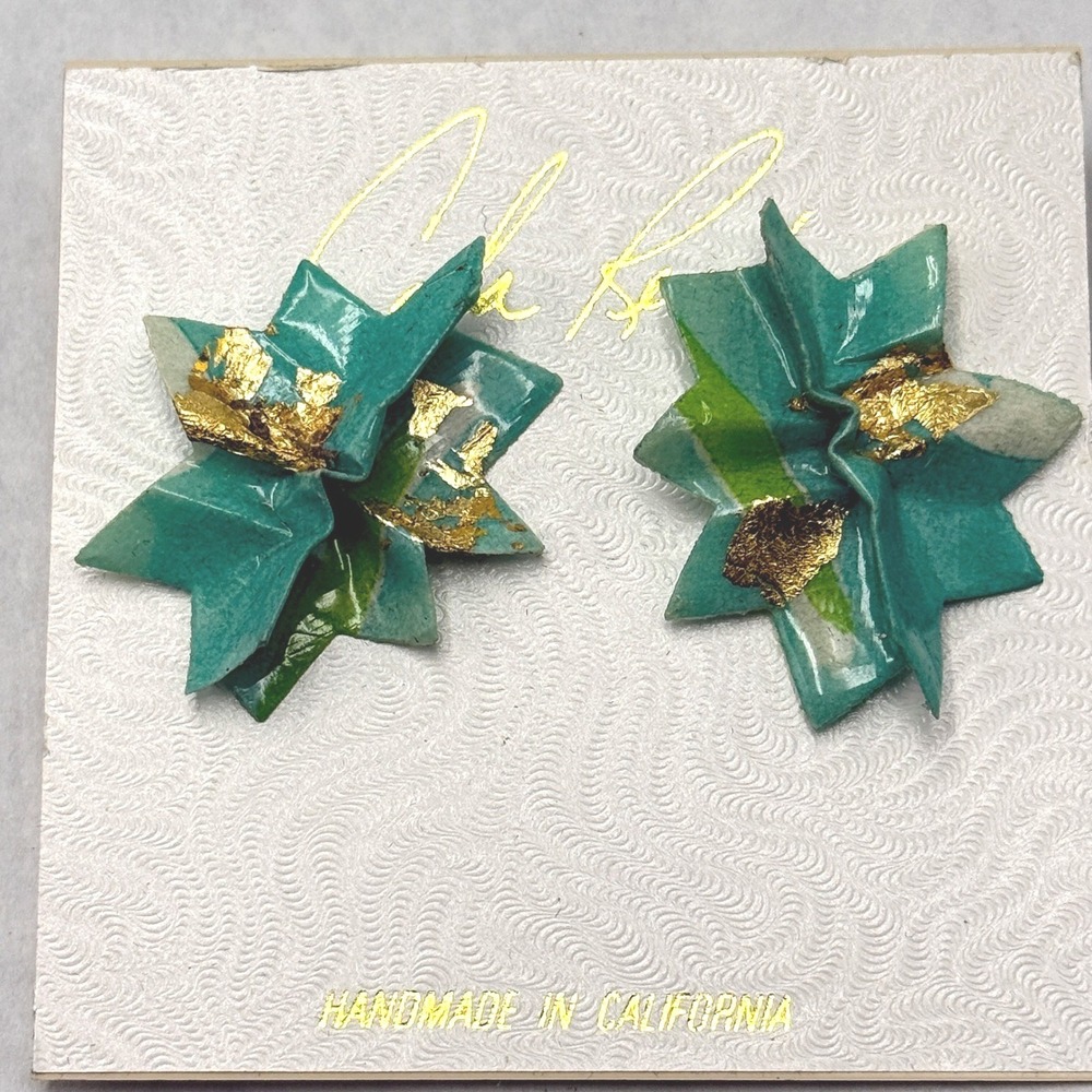 Vintage Handmade California Paper Flower Earrings Teal Gold‎ Leaf Pierced